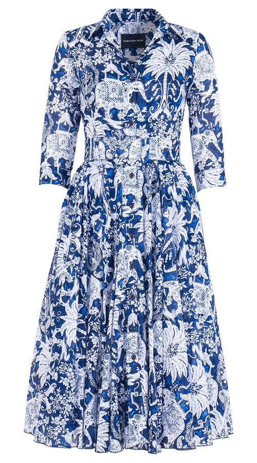 Aster Dress Shirt Collar 3/4 Sleeve Midi Length Cotton Musola (Elephant Bandana)