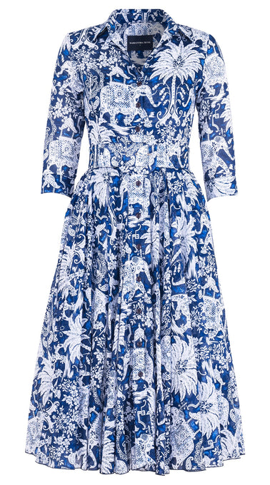 Aster Dress Shirt Collar 3/4 Sleeve Midi Length Cotton Musola (Elephant Bandana)