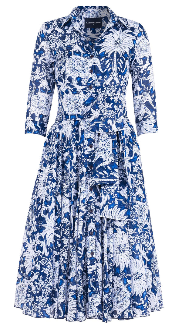 Aster Dress Shirt Collar 3/4 Sleeve Midi Length Cotton Musola (Elephant Bandana)