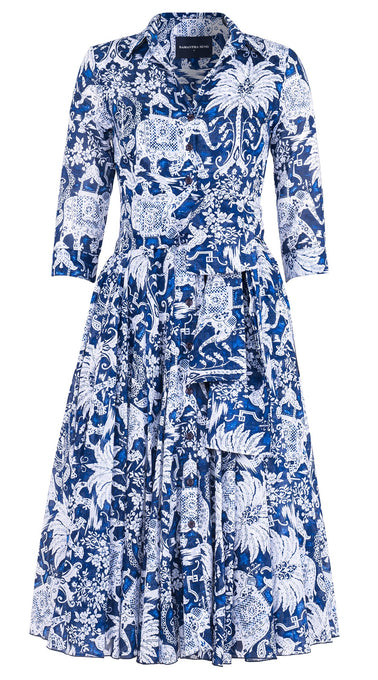 Aster Dress Shirt Collar 3/4 Sleeve Midi Length Cotton Musola (Elephant Bandana)