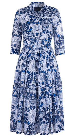 Audrey Dress #4 Shirt Collar 3/4 Sleeve Midi Plus Length Cotton Musola (Elephant Bandana)