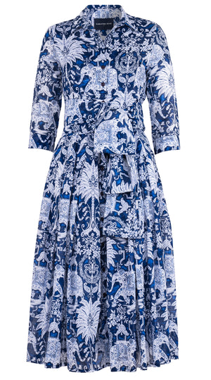 Audrey Dress #4 Shirt Collar 3/4 Sleeve Midi Plus Length Cotton Musola (Elephant Bandana)