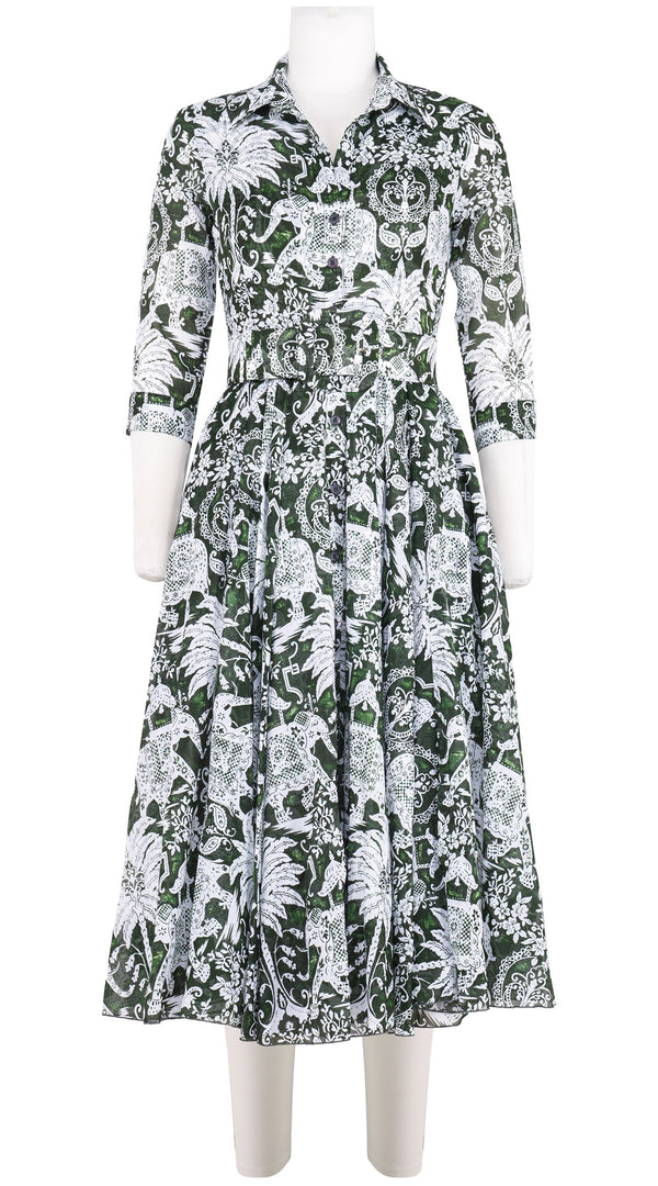Aster Dress Shirt Collar 3/4 Sleeve Midi Length Cotton Musola (Elephant Bandana)