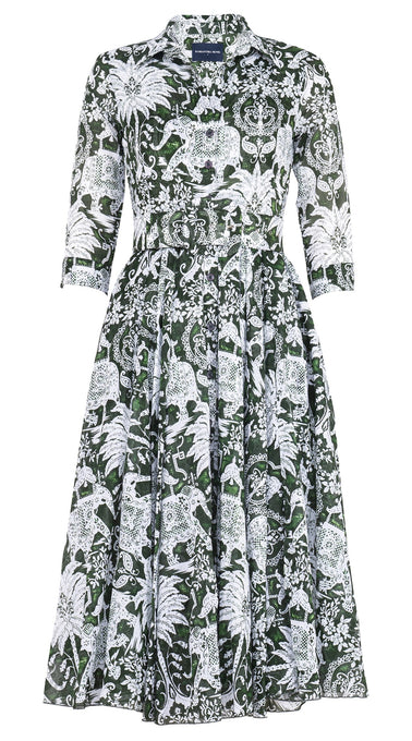Aster Dress Shirt Collar 3/4 Sleeve Midi Length Cotton Musola (Elephant Bandana)