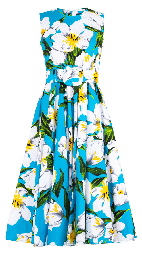 Abelia Dress Crew Neck Sleeveless Midi Length Cotton Stretch (Emperor Tulip Bright)