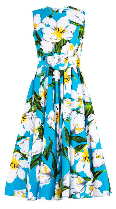 Abelia Dress Crew Neck Sleeveless Midi Length Cotton Stretch (Emperor Tulip Bright)