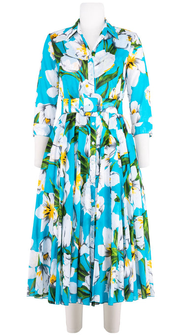 Aster Dress Shirt Collar 3/4 Sleeve Midi Length Cotton Musola (Emperor Tulip Bright)