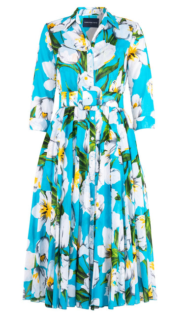 Aster Dress Shirt Collar 3/4 Sleeve Midi Length Cotton Musola (Emperor Tulip Bright)