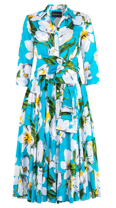 Aster Dress Shirt Collar 3/4 Sleeve Midi Length Cotton Musola (Emperor Tulip Bright)