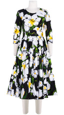 Abelia Dress Crew Neck 3/4 Sleeve Midi Length Cotton Stretch (Emperor Tulip Bright)