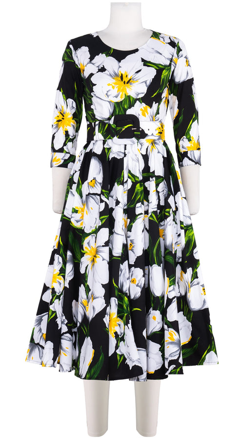 Abelia Dress Crew Neck 3/4 Sleeve Midi Length Cotton Stretch (Emperor Tulip Bright)