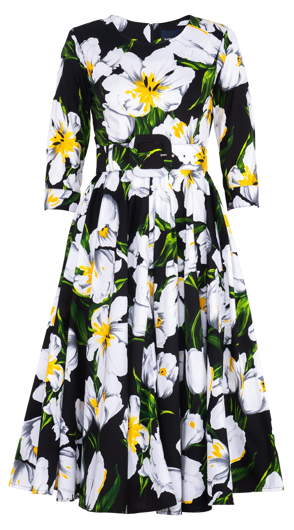 Abelia Dress Crew Neck 3/4 Sleeve Midi Length Cotton Stretch (Emperor Tulip Bright)