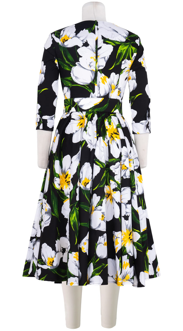 Abelia Dress Crew Neck 3/4 Sleeve Midi Length Cotton Stretch (Emperor Tulip Bright)