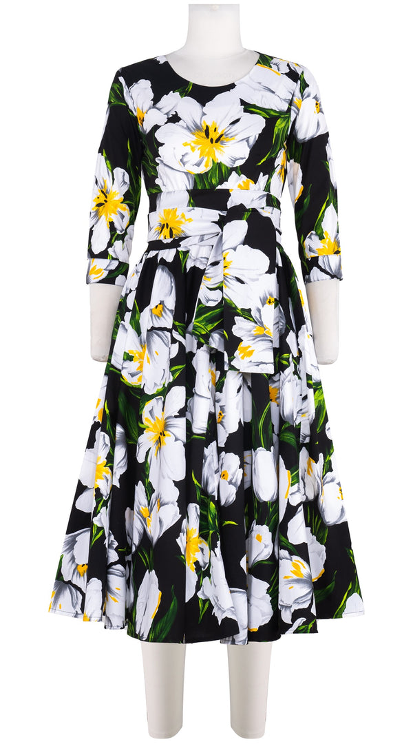 Abelia Dress Crew Neck 3/4 Sleeve Midi Length Cotton Stretch (Emperor Tulip Bright)