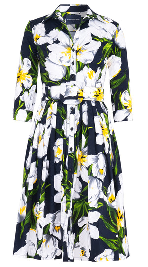 Audrey Dress #2 Shirt Collar 3/4 Sleeve Long Length Cotton Stretch (Emperor Tulip Bright)