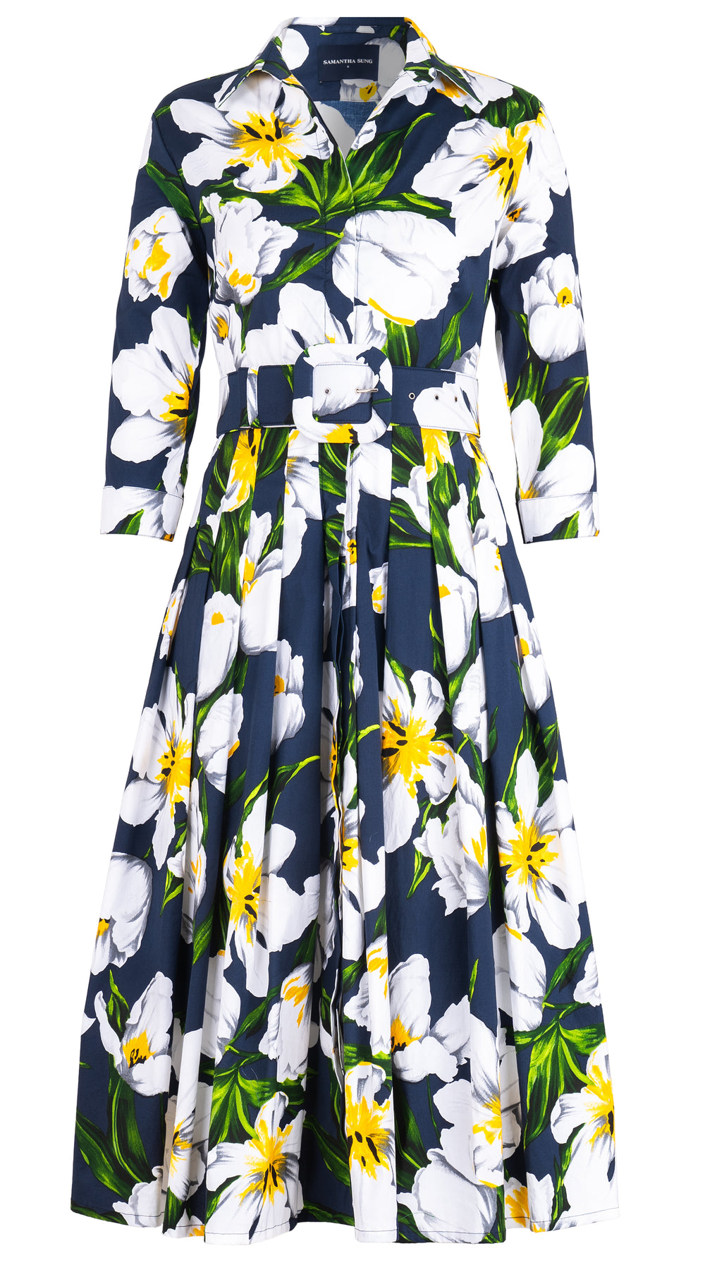 Audrey Dress #4 Shirt Collar 3/4 Sleeve Midi Length Cotton Stretch (Emperor Tulip Bright) @1