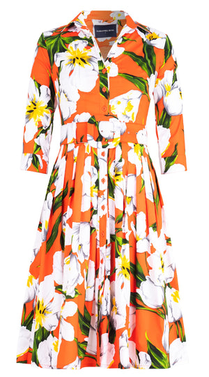 Audrey Dress #2 Shirt Collar 3/4 Sleeve Long Length Cotton Stretch (Emperor Tulip Bright)
