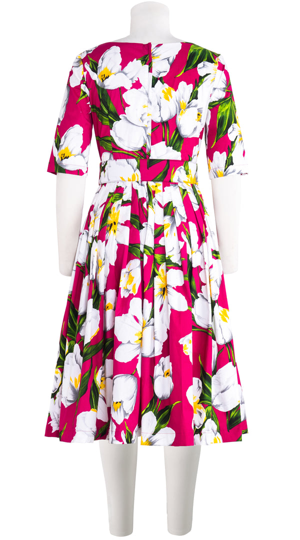 Florance Dress Boat Neck 1/2 Sleeve Long Length Cotton Stretch (Emperor Tulip Bright) @6