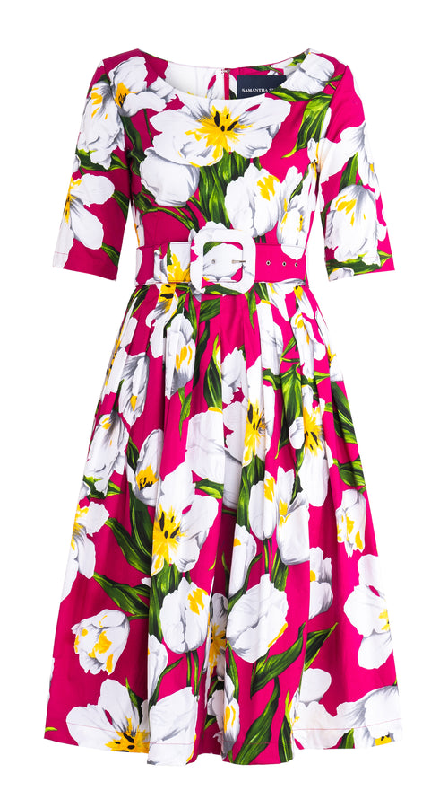 Florance Dress Boat Neck 1/2 Sleeve Long Length Cotton Stretch (Emperor Tulip Bright) @6