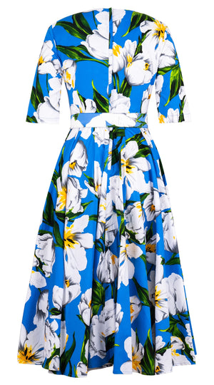 Abelia Dress V Neck 1/2 Sleeve Midi Length Cotton Stretch (Emperor Tulip Bright)