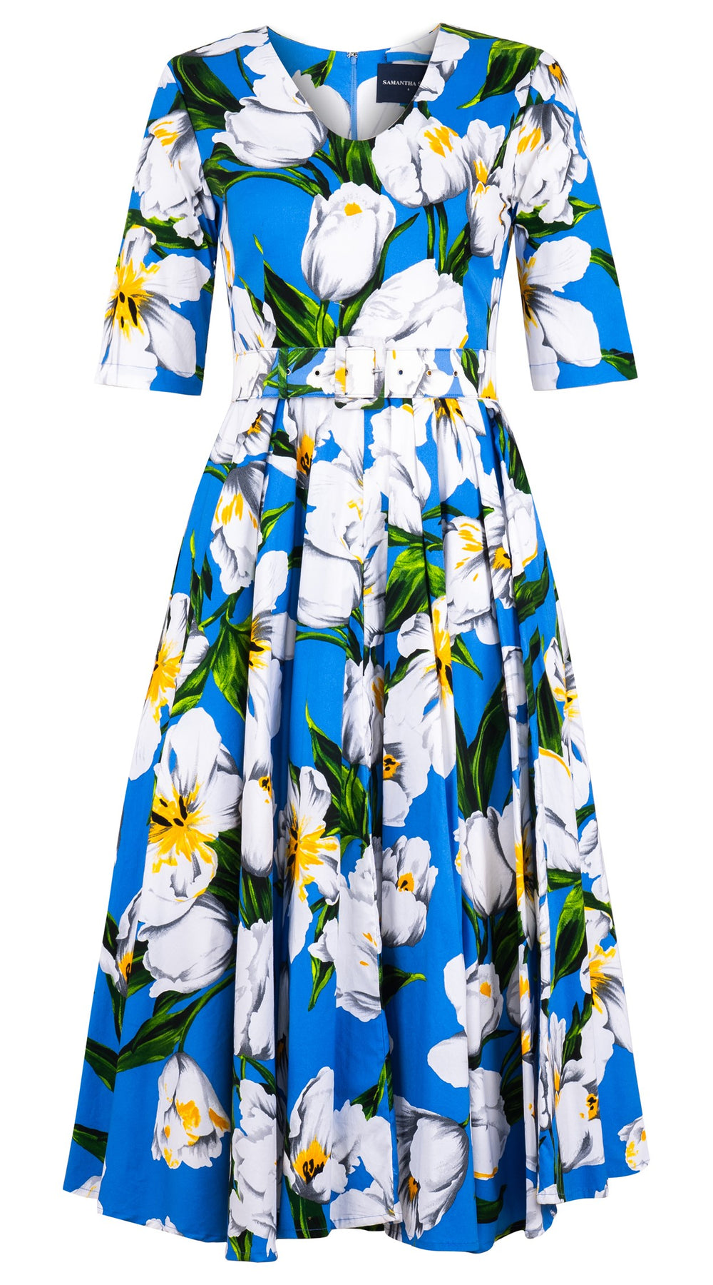 Abelia Dress V Neck 1/2 Sleeve Midi Length Cotton Stretch (Emperor Tulip Bright)