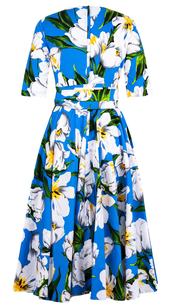 Abelia Dress V Neck 1/2 Sleeve Midi Length Cotton Stretch (Emperor Tulip Bright)