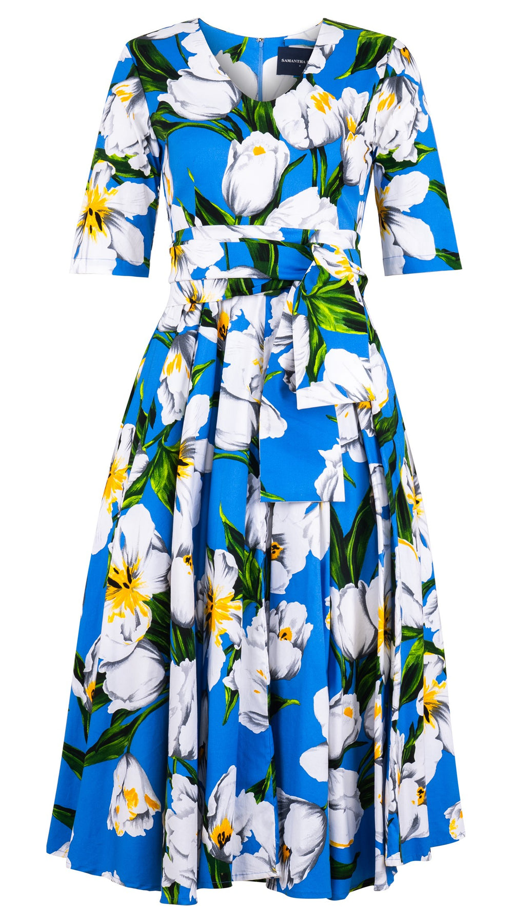 Abelia Dress V Neck 1/2 Sleeve Midi Length Cotton Stretch (Emperor Tulip Bright)