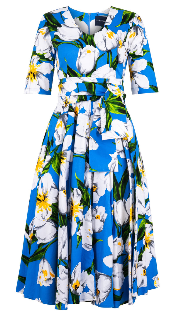 Abelia Dress V Neck 1/2 Sleeve Midi Length Cotton Stretch (Emperor Tulip Bright)