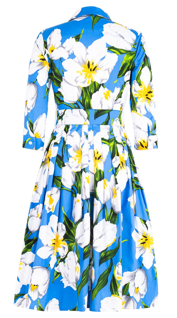 Audrey Dress #2 Shirt Collar 3/4 Sleeve Long Length Cotton Stretch (Emperor Tulip Bright)