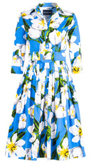 Audrey Dress #2 Shirt Collar 3/4 Sleeve Long Length Cotton Stretch (Emperor Tulip Bright)