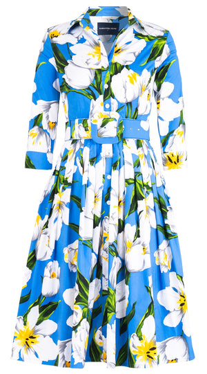 Audrey Dress #2 Shirt Collar 3/4 Sleeve Long Length Cotton Stretch (Emperor Tulip Bright)