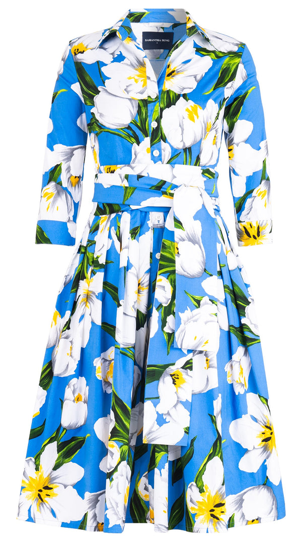 Audrey Dress #2 Shirt Collar 3/4 Sleeve Long Length Cotton Stretch (Emperor Tulip Bright)
