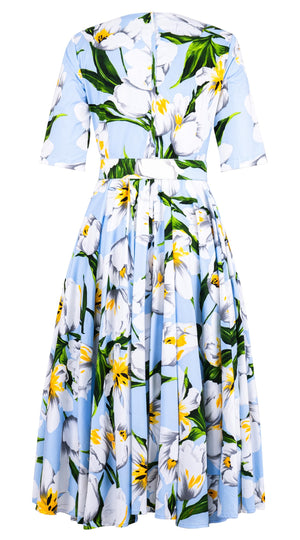 Abelia Dress V Neck 1/2 Sleeve Midi Length Cotton Stretch (Emperor Tulip Pastel)