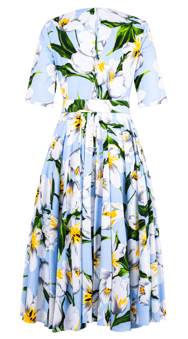 Abelia Dress V Neck 1/2 Sleeve Midi Length Cotton Stretch (Emperor Tulip Pastel)