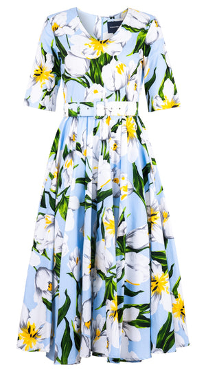 Abelia Dress V Neck 1/2 Sleeve Midi Length Cotton Stretch (Emperor Tulip Pastel)