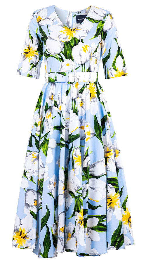 Abelia Dress V Neck 1/2 Sleeve Midi Length Cotton Stretch (Emperor Tulip Pastel)