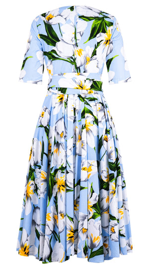 Abelia Dress V Neck 1/2 Sleeve Midi Length Cotton Stretch (Emperor Tulip Pastel)