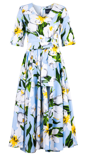 Abelia Dress V Neck 1/2 Sleeve Midi Length Cotton Stretch (Emperor Tulip Pastel)