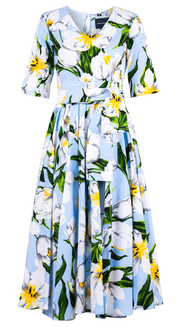 Abelia Dress V Neck 1/2 Sleeve Midi Length Cotton Stretch (Emperor Tulip Pastel)