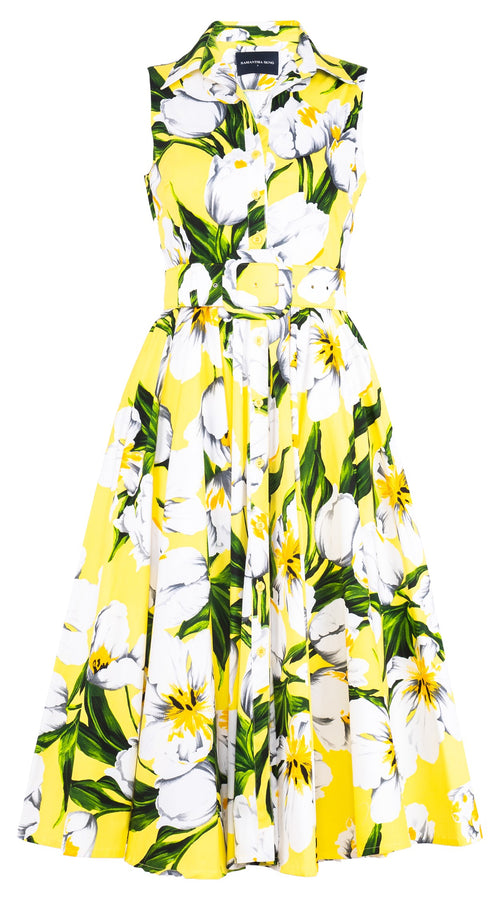 Aster Dress Shirt Collar Sleeveless Midi Length Cotton Stretch (Emperor Tulip Bright)