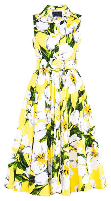Aster Dress Shirt Collar Sleeveless Midi Length Cotton Stretch (Emperor Tulip Bright)