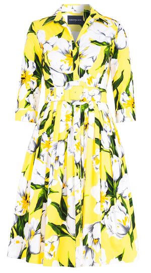 Audrey Dress #2 Shirt Collar 3/4 Sleeve Long Length Cotton Stretch (Emperor Tulip Bright)
