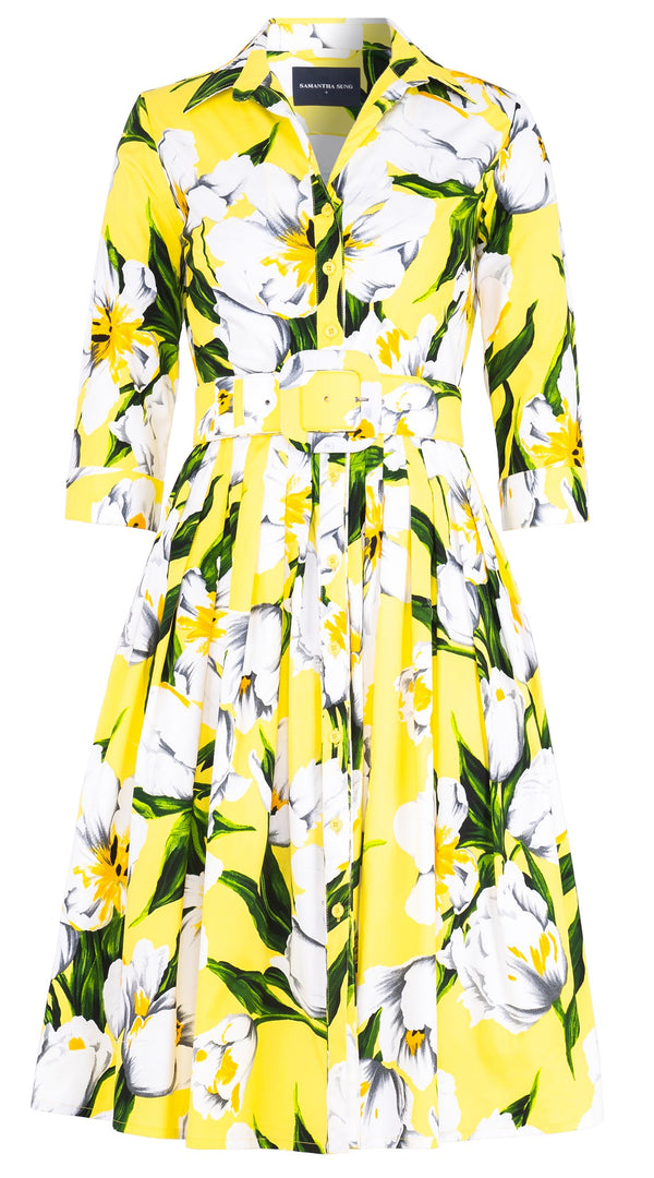 Audrey Dress #2 Shirt Collar 3/4 Sleeve Long Length Cotton Stretch (Emperor Tulip Bright)
