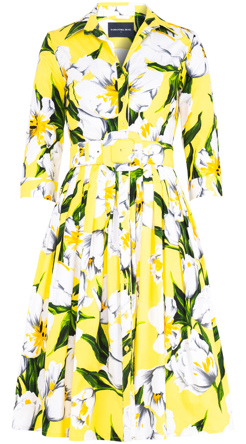 Audrey Dress #2 Shirt Collar 3/4 Sleeve Long Length Cotton Stretch (Emperor Tulip Bright) @2