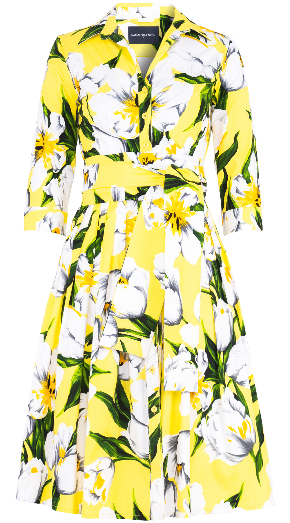 Audrey Dress #2 Shirt Collar 3/4 Sleeve Long Length Cotton Stretch (Emperor Tulip Bright) @1