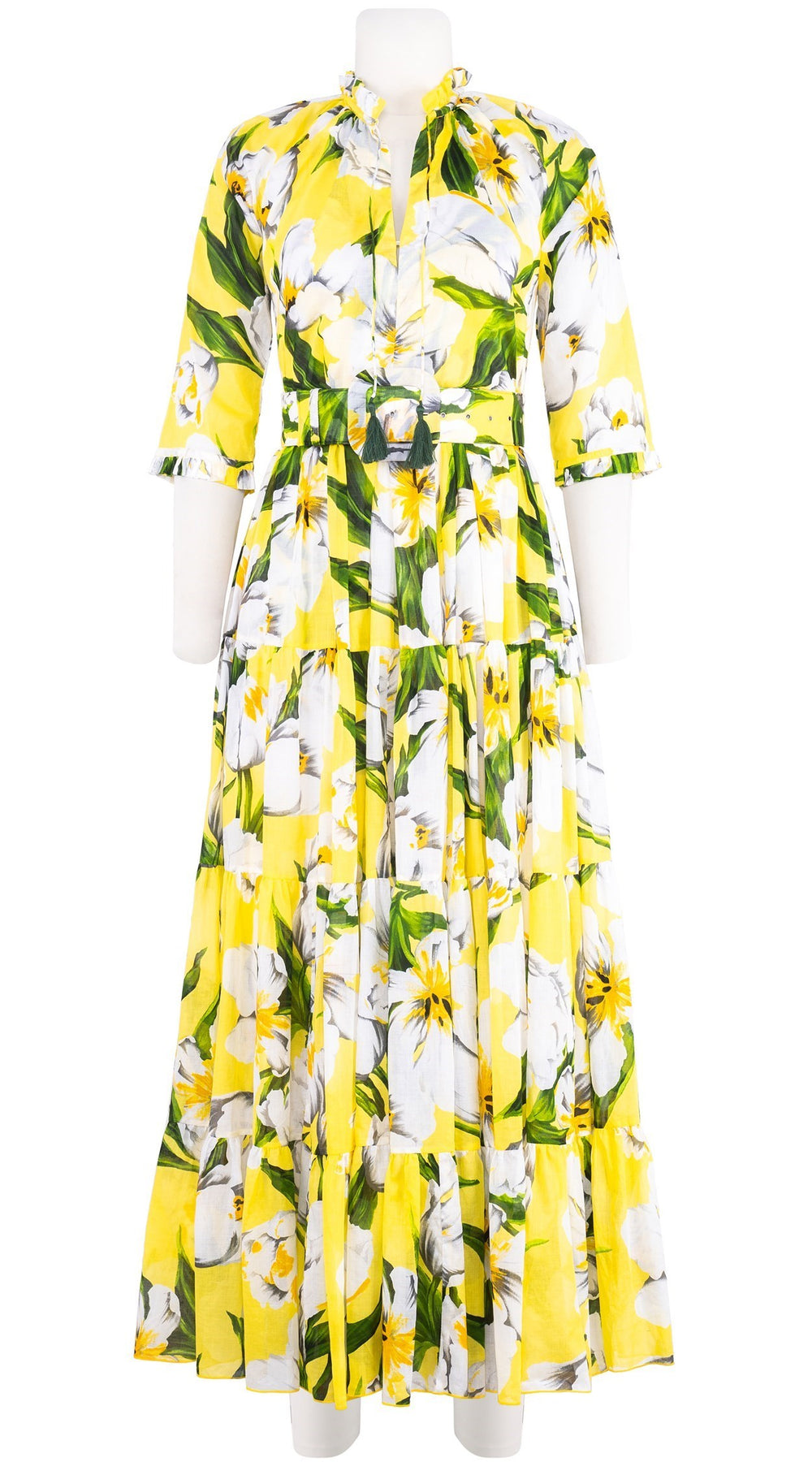 Eva Dress Crew Neck 3/4 Sleeve Maxi Length Cotton Musola (Emperor Tulip Bright)