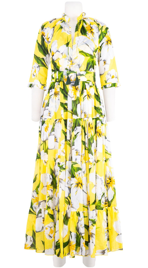 Eva Dress Crew Neck 3/4 Sleeve Maxi Length Cotton Musola (Emperor Tulip Bright)
