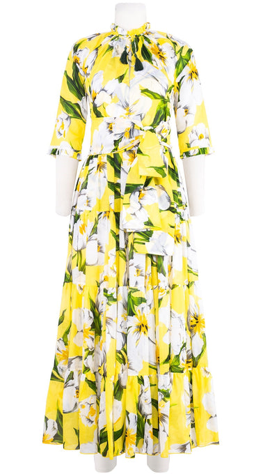 Eva Dress Crew Neck 3/4 Sleeve Maxi Length Cotton Musola (Emperor Tulip Bright)
