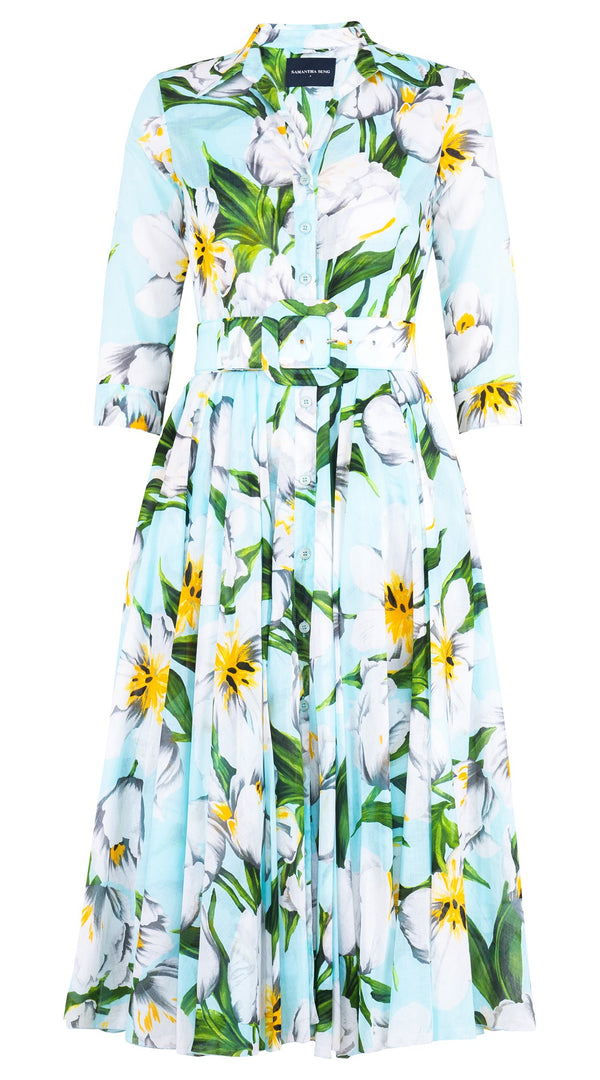 Aster Dress Shirt Collar 3/4 Sleeve Midi Length Cotton Musola (Emperor Tulip Pastel)