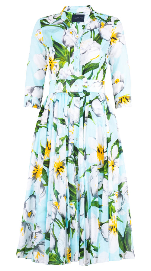 Aster Dress Shirt Collar 3/4 Sleeve Midi Length Cotton Musola (Emperor Tulip Pastel)